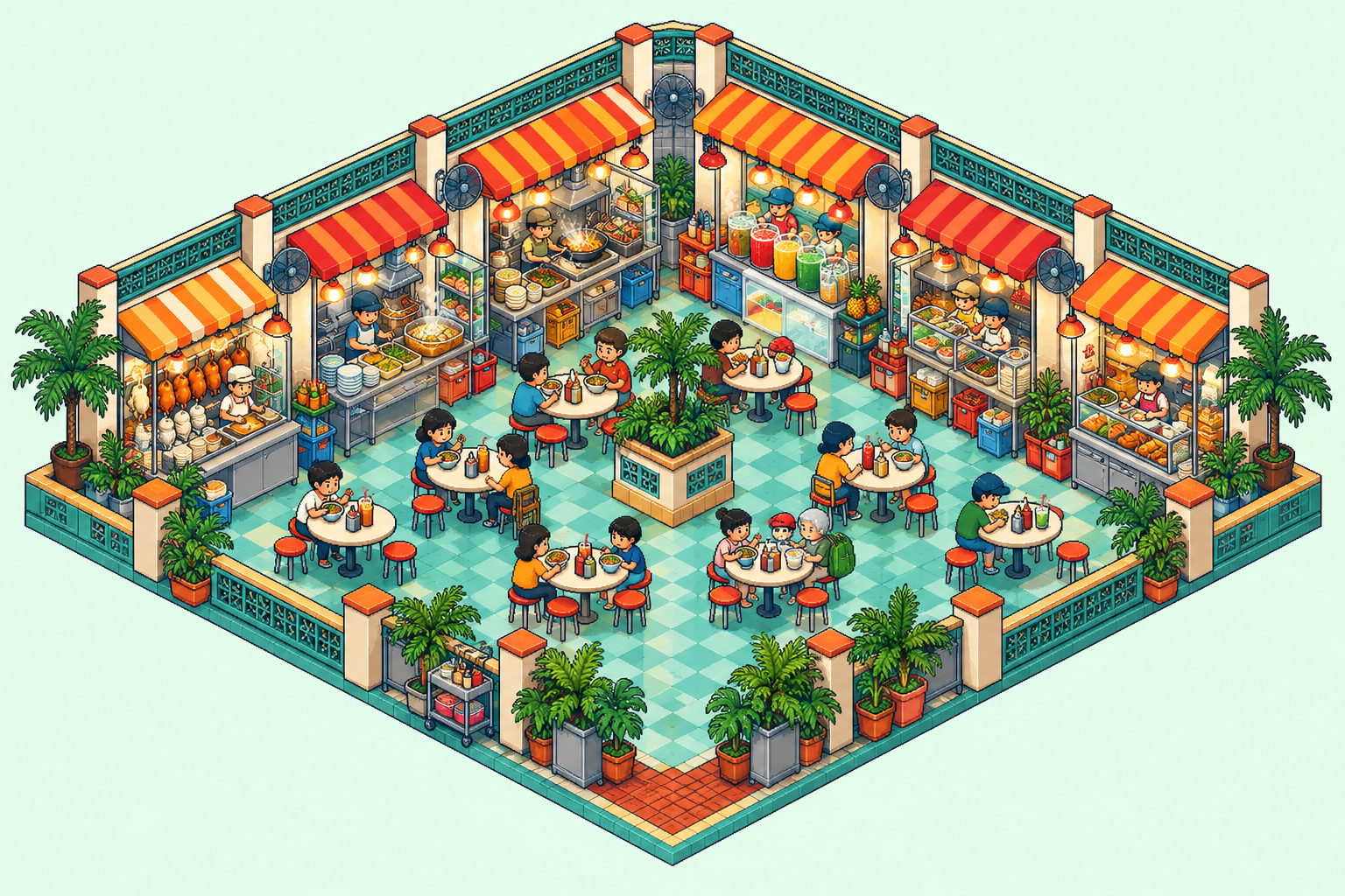 Cute isometric illustration of a Singapore hawker centre, with colourful food stalls, tiny diners and communal tables